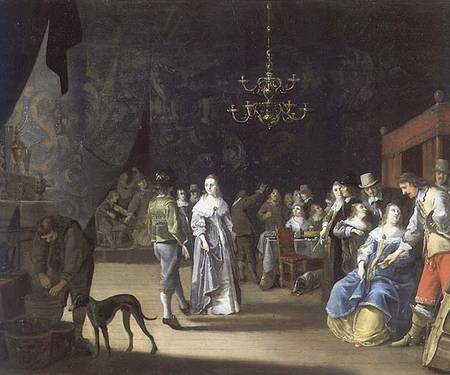 The Banquet, a couple dancing with feasting and revelling in the background from Anthonie Palamedesz