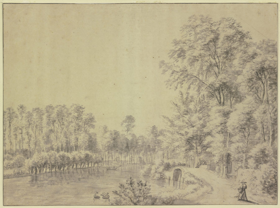 Ein Teich mit Bäumen eingefasst, rechts bei einer Brücke auf einer Ruhebank sitzt ein Mann mit einem from Anthonie Waterloo