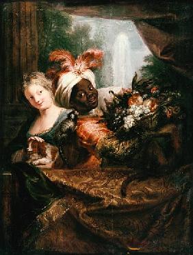 Young Black Man Holding a Basket of Fruit and a Young Girl Stroking a Dog