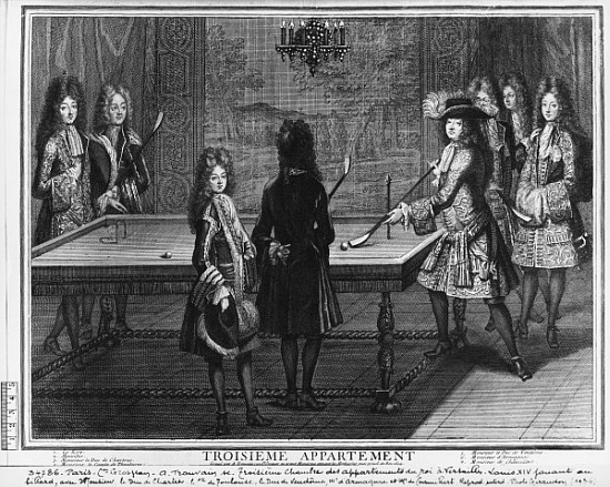 Louis XIV playing billiards with his brother, Monsieur, his nephew the duc de Chartres , his son, th from Antoine Trouvain