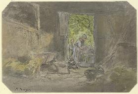 Bauernsscheune, vor der geöffneten Tür am Waschtrog eine Frau beschäftigt