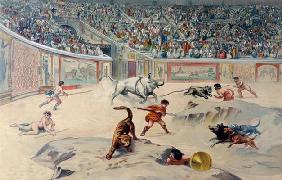 Gladiators Fighting Animals in the circus at Pompeii (colour litho)