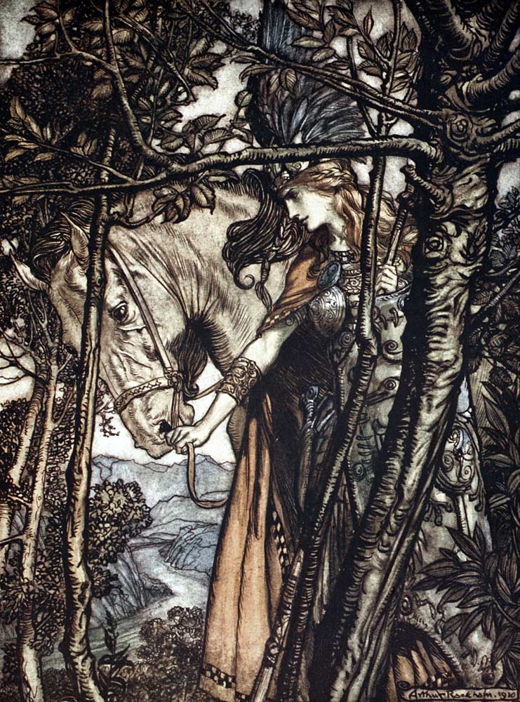 Brünnhilde leads her horse by the bridle. Illustration for "The Rhinegold and The Valkyrie" by Richa from Arthur Rackham