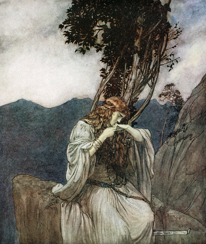 Brünnhilde kisses the ring that Siegfried has left with her. Illustration for "Siegfried and The Twi from Arthur Rackham