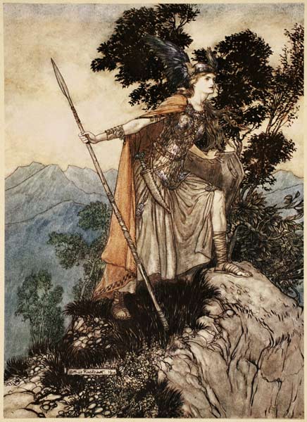 Brunhilde. Illustration for "The Rhinegold and The Valkyrie" by Richard Wagner from Arthur Rackham
