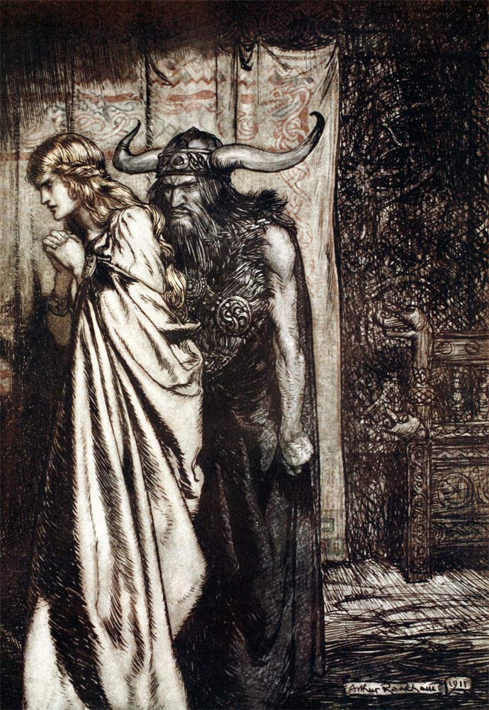 O wife betrayed I will avenge they trust deceived! Illustration for "Siegfried and The Twilight of t from Arthur Rackham