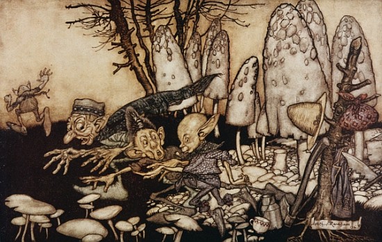 A band of workmen, who were sawing down a toadstool, rushed away, leaving their tools behind them fr from Arthur Rackham