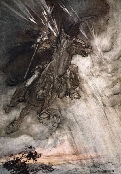 Furiously Wotan is riding to the rock. Illustration for "The Rhinegold and The Valkyrie" by Richard  from Arthur Rackham