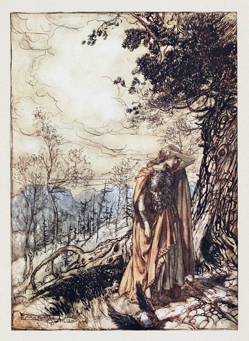 Brünnhilde. Illustration for "The Rhinegold and The Valkyrie" by Richard Wagner from Arthur Rackham