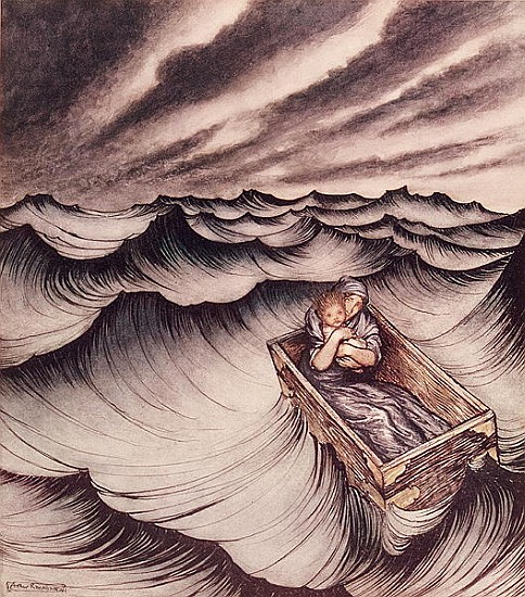 Danae and her son Perseus put in a chest and cast into the sea from Arthur Rackham