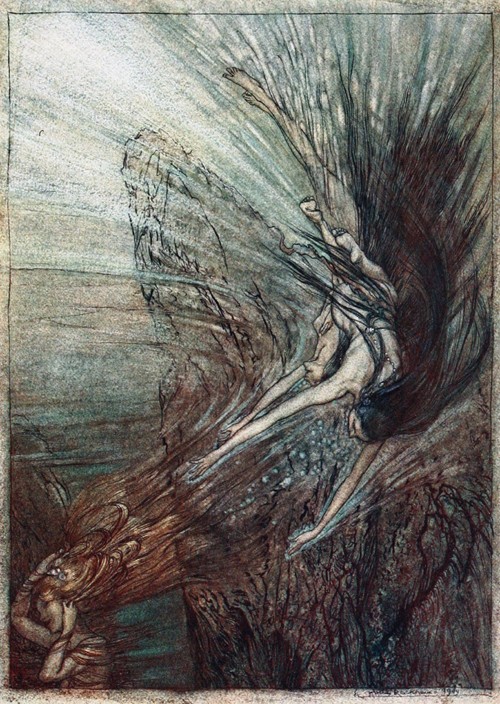 The frolic of the Rhinemaidens. Illustration for "The Rhinegold and The Valkyrie" by Richard Wagner from Arthur Rackham