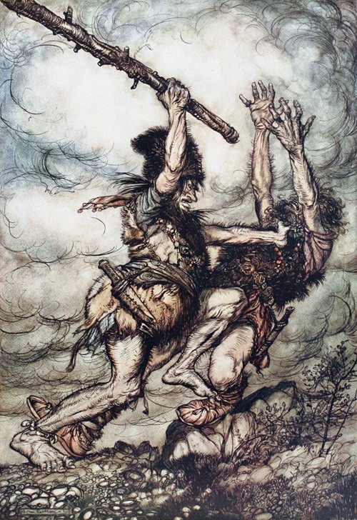 Giant Fafner Kills Fasolt. Illustration for "The Rhinegold and The Valkyrie" by Richard Wagner from Arthur Rackham