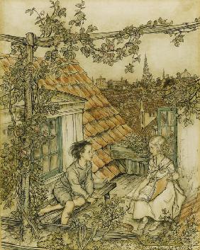 Kay and Gerda in their garden high up on the roof. Illustration for the tale of "The Snow Queen"