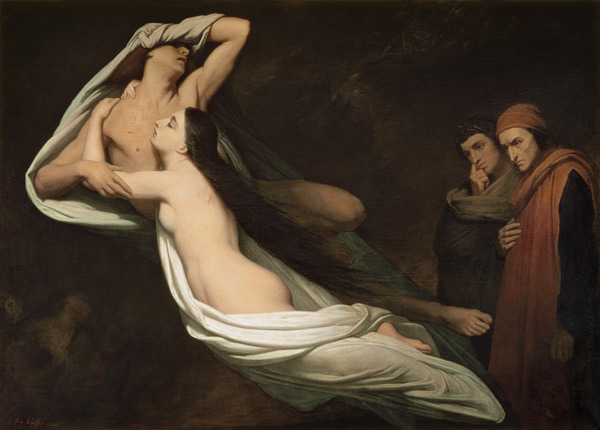 The figures of Francesca da Rimini and Paolo da Verrucchio appear to Dante and Virgil, illustration from Ary Scheffer