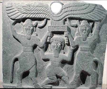 Relief depicting Gilgamesh between two bull-men supporting a winged sun disk, from Tell-Halaf, Syria from Assyrian