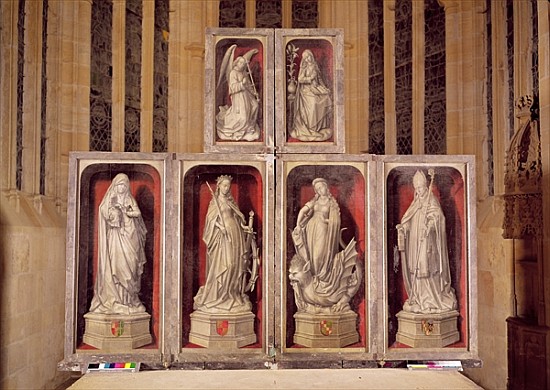 View of the panels of the closed altarpiece, depicting the Annunciation and saints, 1460-66 from (attr. to) Rogier van der Weyden