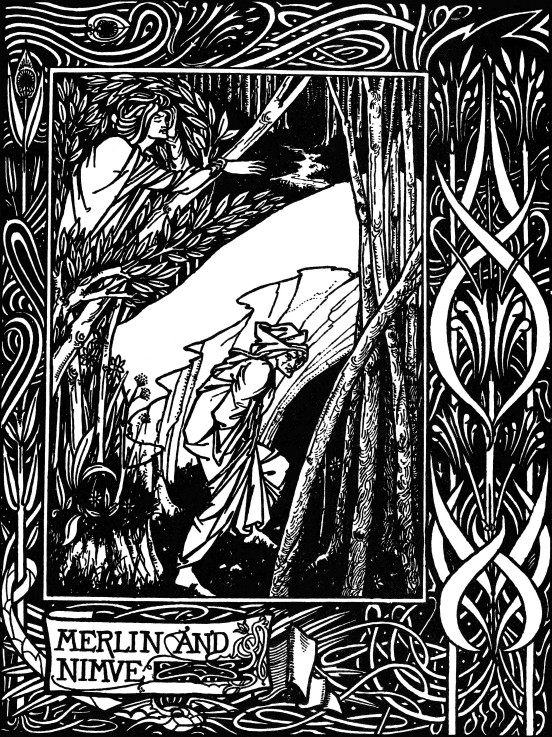 Merlin and Nimue. Illustration to the book "Le Morte d'Arthur" by Sir Thomas Malory from Aubrey Vincent Beardsley