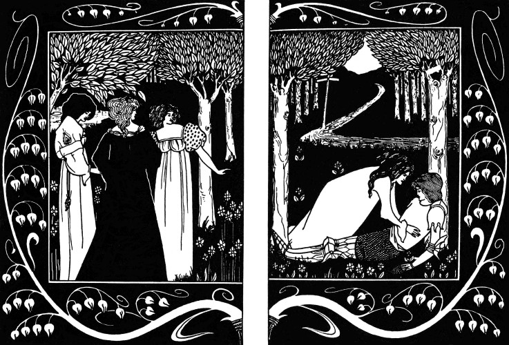 The Four Queens and Lancelot. Illustration to the book "Le Morte d'Arthur" by Sir Thomas Malory from Aubrey Vincent Beardsley