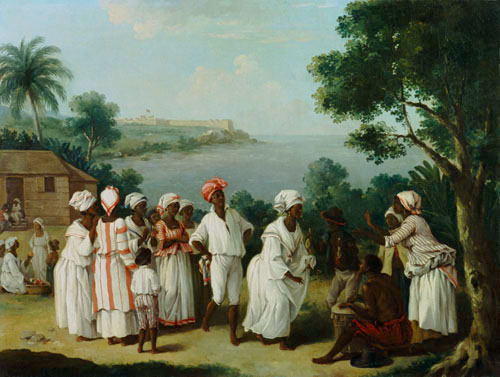 Tanz der Eingeborenen auf der Insel Dominica, im Hintergrund das Fort Young from Augustin Brunais