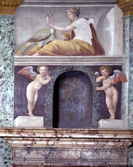 The 'Sala delle Prospettive' (Hall of Perspective) detail of trompe l'oeil niche depicting the godde from Baldassare Peruzzi