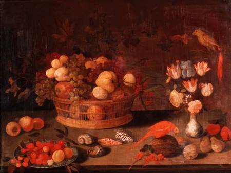 A Still Life of Peaches, Apples and Grapes in a Wicker Basket, Flowers in a Chinese Vase and Two Par from Balthasar van der Ast