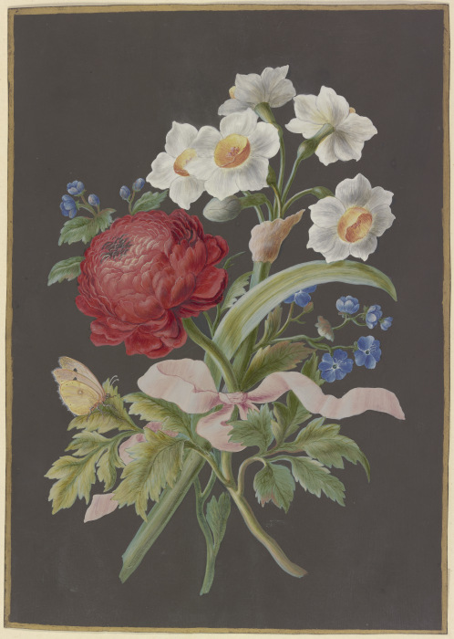 Blumengebinde mit roter Ranunkel (Ranunculus), weißer Tazette (Narcissus tazetta) und blauer Blume ( from Barbara Regina Dietzsch
