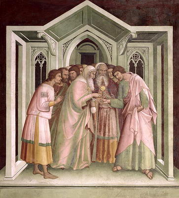 Judas Receiving Payment for his Betrayal, from a series of Scenes of the New Testament (fresco) from Barna  da Siena