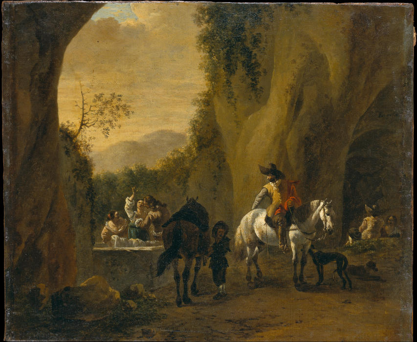 Landschaft mit Brunnen an einem Höhleneingang mit rastenden Reitern und Wäscherinnen from Bartholomeus Engels
