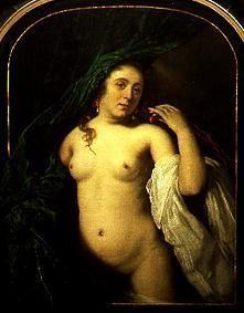 Bildnis einer jungen Frau an einem Vorhang