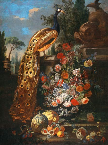 Stillleben mit Blüten, Früchten, Meerschweinchen und Pfau. from Bartolomeo Ligozzi