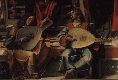 Two Musical Angels, detail from The Madonna and Child with Saints, 1499 from Bartolomeo Montagna