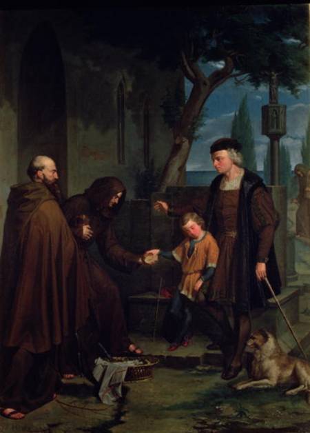 Christopher Columbus at the gates of the monastery of Santa Maria de la Rabida with his son Diego, g from Benito Mercade y Fabregas