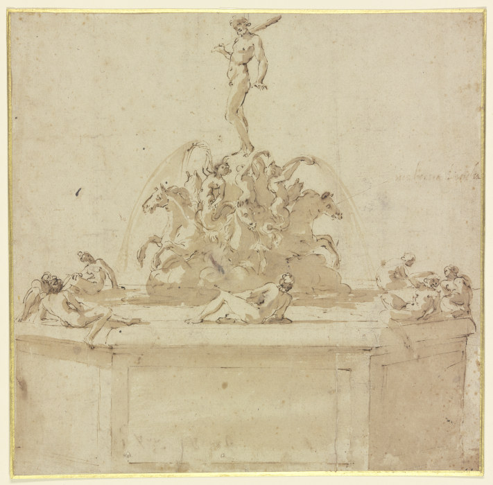 Ein Brunnen, über einer Gruppe von auf Pferden reitenden Tritonen steht Herkules, auf dem Brunnenran from Benvenuto Cellini