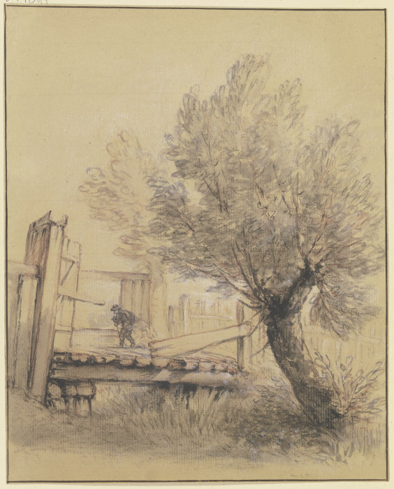 Weidenbaum bei einer Holzbrücke, über die ein Mann schreitet from Bernhard Rode