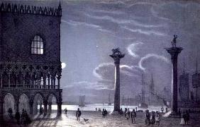 Nocturnal Scene of Palazzo Ducale and the Two Columns, Venice, engraved by Brizeghel (litho)