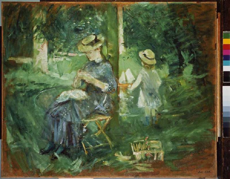 Handarbeitende junge Frau im Garten from Berthe Morisot