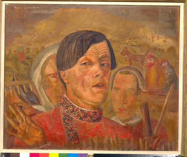 Self-portrait with  the cock and the hen from Boris Dimitrijew. Grigorjew