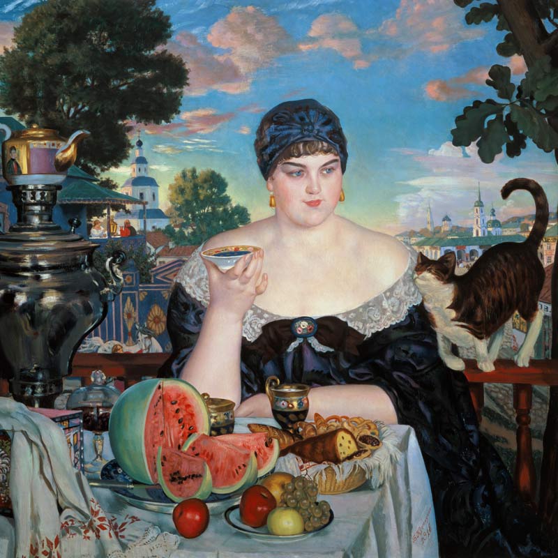Eine russische Marktfrau beim Teetrinken from Boris Michailowitsch Kustodiew