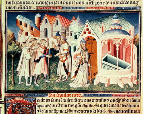 Ms Fr 2810 fol.274 Pilgrims in front of the Church of the Holy Sepulchre of Jerusalem (vellum) from Boucicaut Master