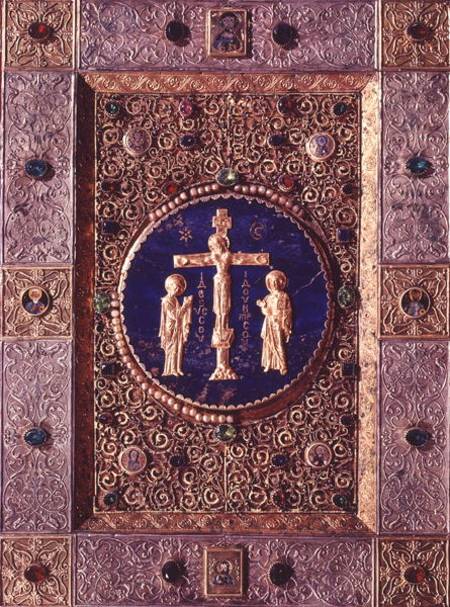 Icon depicting Christ on the cross between the Virgin and St. John the Baptist with medallions of th from Byzantine