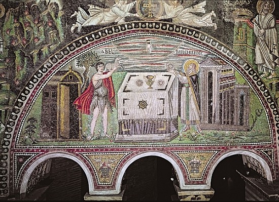 Abel offering a lamb and Melchisedech offering bread at the Altar, lunette on the South wall of the  from Byzantine School