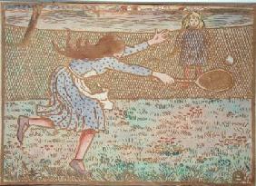 Girls Playing Tennis, from 'Woodcuts in Line and Colours'