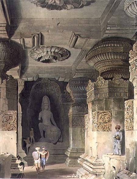 Interior of the Cave Temple of Indra Subba at Ellora, from Volume II of 'Scenery, Costumes and Archi from Captain Robert M. Grindlay