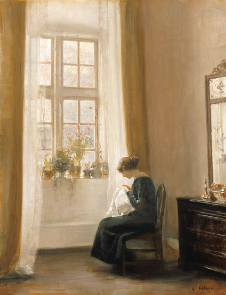 A Girl Sewing in an Interior from Carl Holsoe