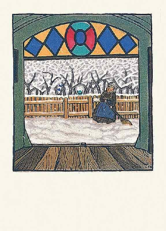 Snow-swept woman. Christmas card of the Wiener Werkstätten, No.762 from Carl Krenek