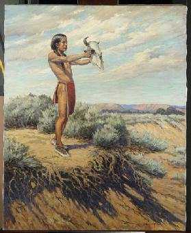 Indian boy with buffalo skull (oil on canvas)
