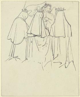 Drei gekrönte Frauen knien vor einem Engel, der eine Fahne schwingt
