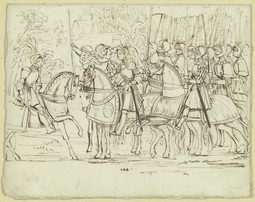 Ein von links kommender Ritter erstattet dem Anführer einer in einer Landschaft stehenden Ritterscha from Carl Philipp Fohr