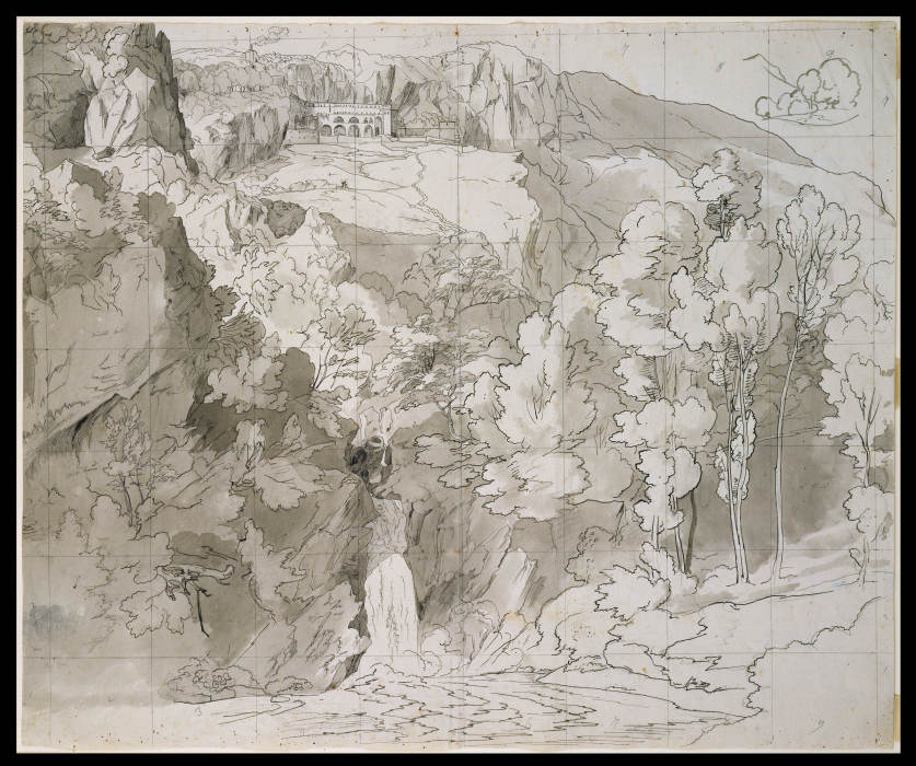 Landschaft bei Subiaco mit einem Wasserfall und dem Kloster San Benedetto from Carl Philipp Fohr