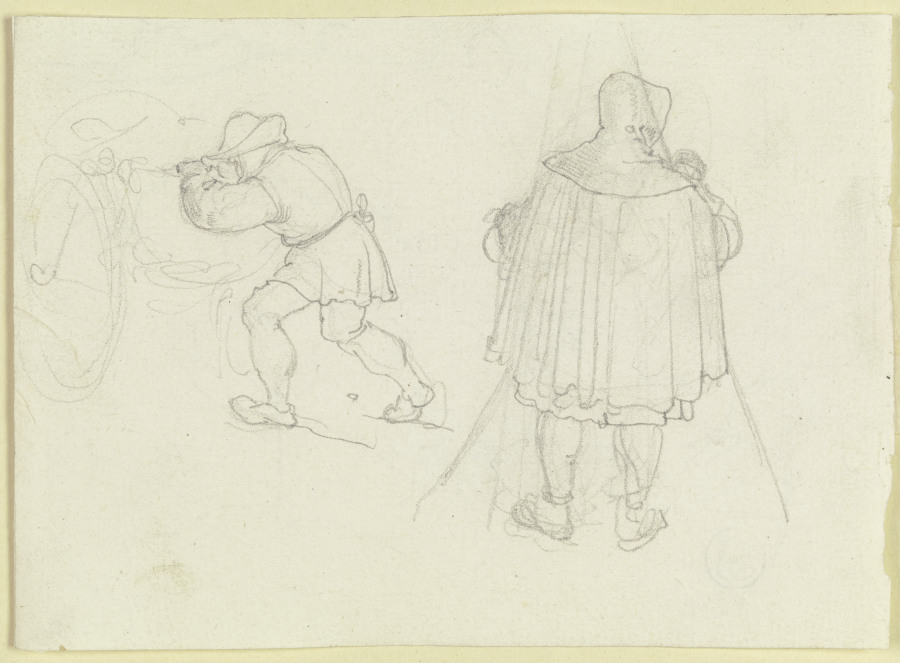 Vorgebeugter, an einem Wagen hantierender Mann sowie eine männliche Rückenfigur mit weitem Mantel, K from Carl Philipp Fohr